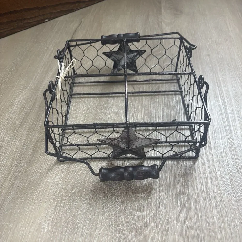 Unbranded Farmhouse Metal Wire Basket Barn Star Wooden Handles Rustic Primitive